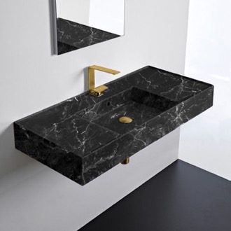 Bathroom Sink Black Marble Design Ceramic Wall Mounted or Vessel Sink With Counter Space Scarabeo 5124-G